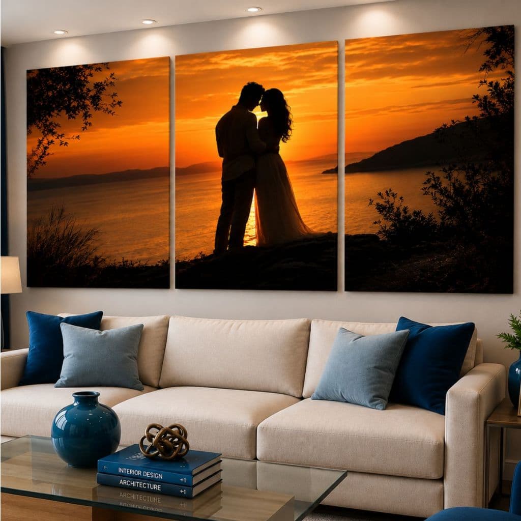 Quadro Decorativo 3 Peças Casal Namorados Apaixonados Natureza Paisagem Romântico Pôr do Sol Mosaico Sala Quarto MDF