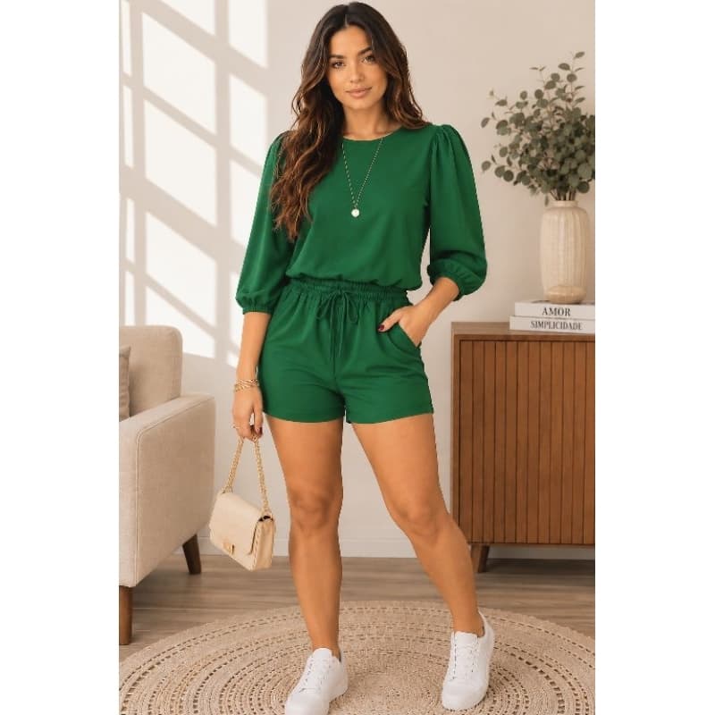 Conjunto Duna Feminino Blusa Manga 3/4 + Short Cintura Alta Elegante