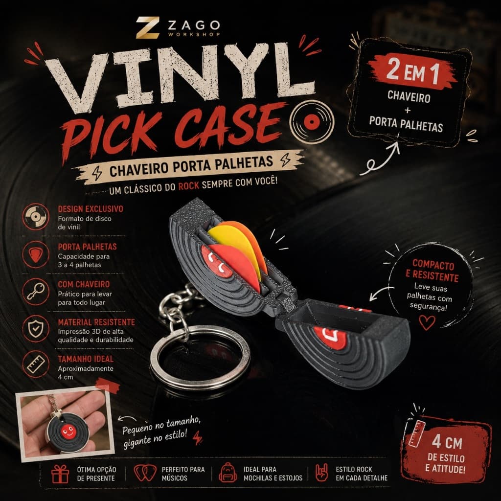 Chaveiro Porta Palhetas Vinil Pick Case 2 em 1 para Violão Guitarra Baixo 4cm