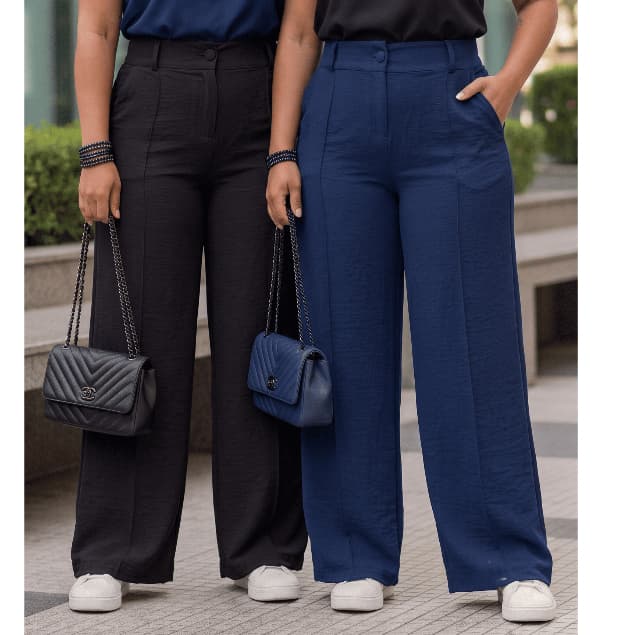Kit 2 Calça Feminina Pantalona Tecido Leve Duna Alfaiataria Cintura Alta Wide Leg Com Bolsos
