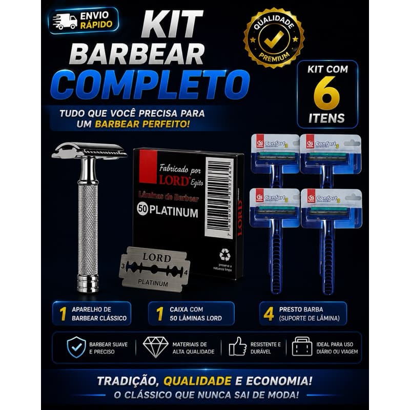 Kit Barbear Clássico Completo – Aparelho de Barbear + 50 Lâminas Lord Platinum + 4 Presto Barba Confort 3