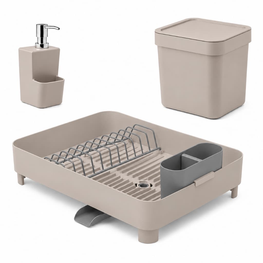 Kit Cozinha pia premium Lixeira 4,7l Escorredor de Louças E Dispenser Detergente - Bege