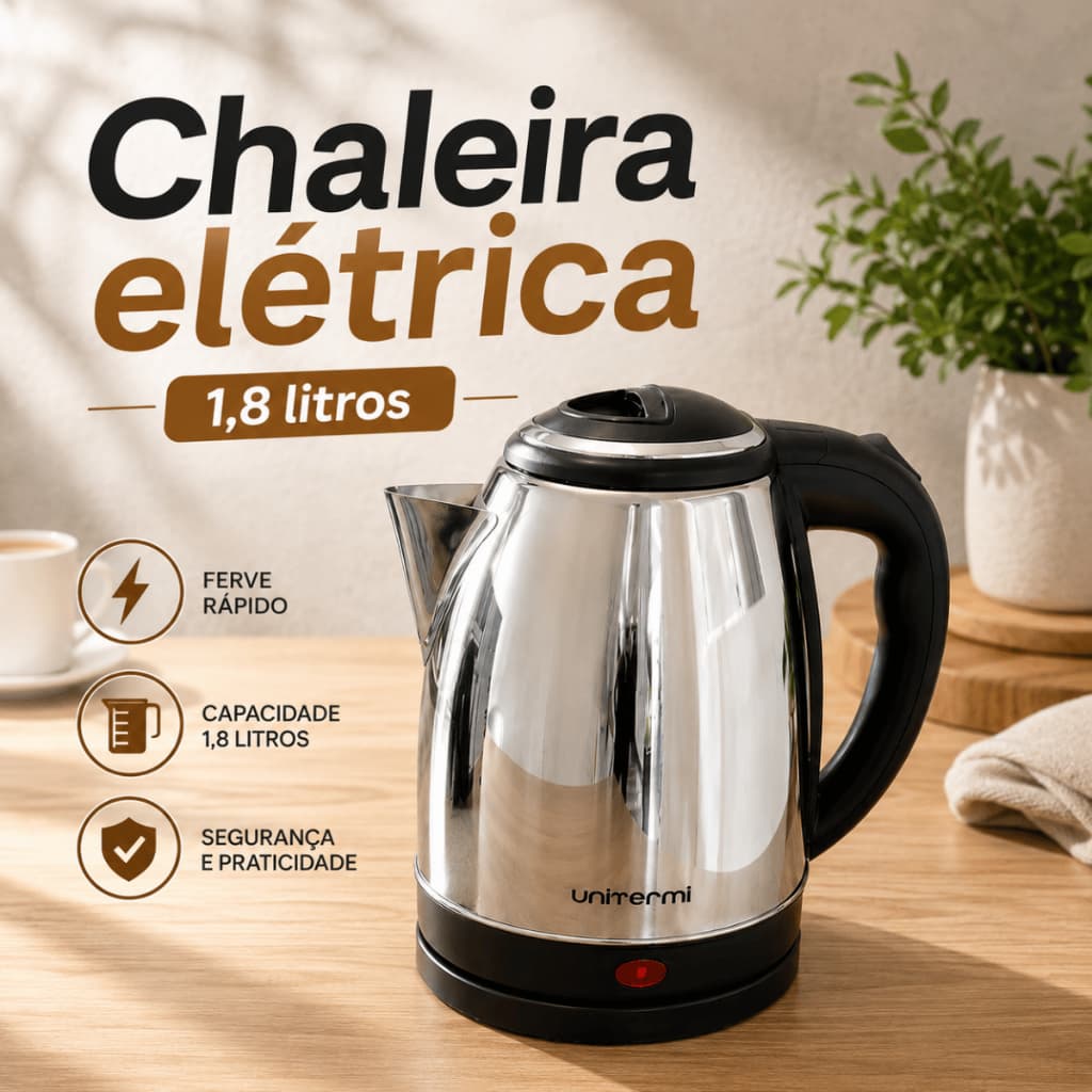 Chaleira Elétrica 1.8 Litros 110v ou 220v Em Inox Prateada Desligamento Automático Ferve Rápido
