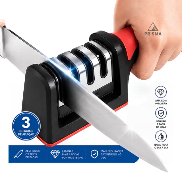 Afiador de Facas Profissional Manual 3 Estágios Amolador 3 em 1 Aço Inox Base Antiderrapante