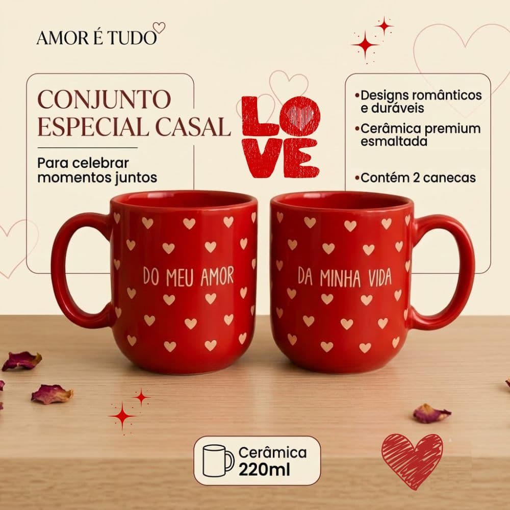 Coleção Casal Love – Kit com 2 Canecas de Cerâmica 220ml