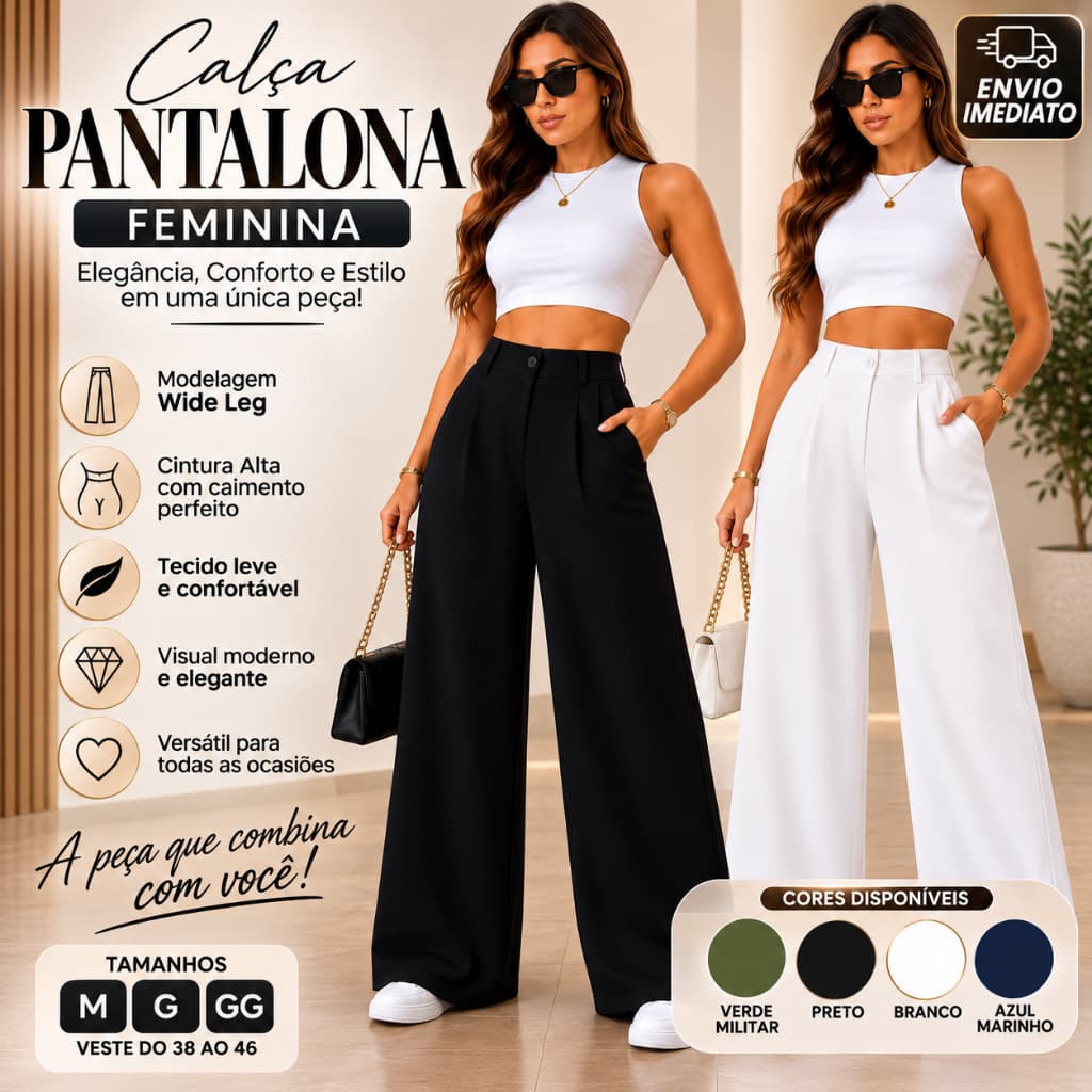 Calça Pantalona Feminina Crepe Duna Cargo Cintura Alta Wide Leg P M G - Envio Imediato !!!