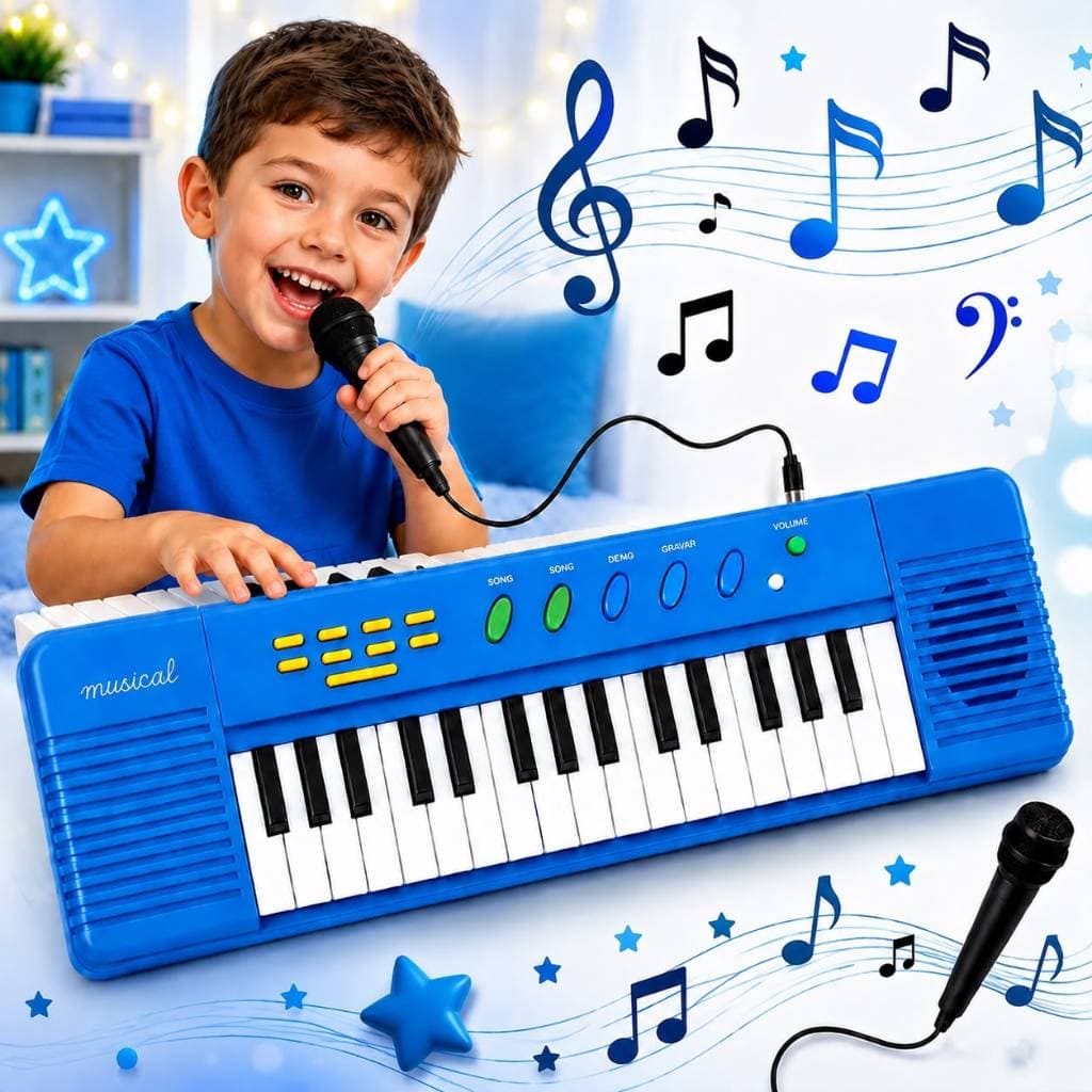 Piano Teclado Musical Infantil Microfone Educativo Karaoke Cor Azul
