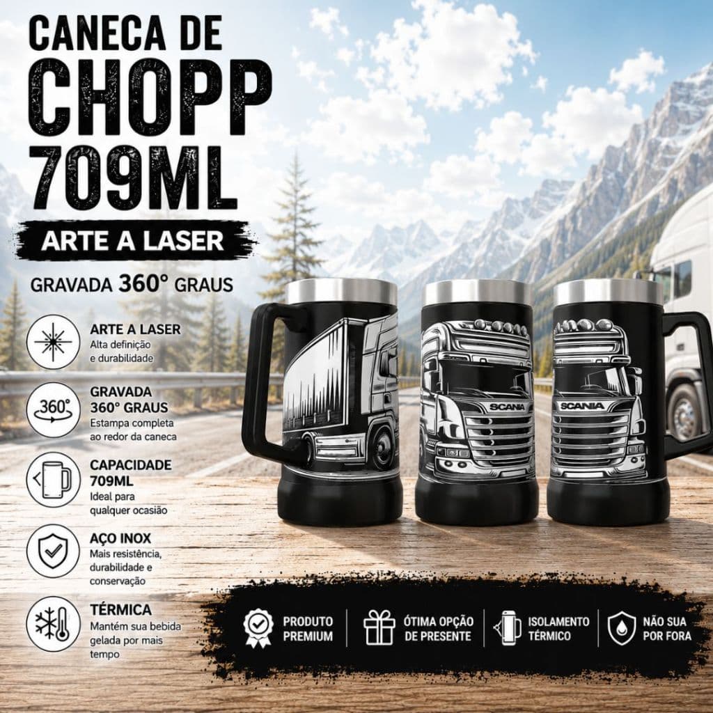 CANECA TÉRMICA COM ARTE A LASER 360º GRAUS NA CANECA INTEIRA TEMA: CAMINHÃO CARRETA CAMINHONEIRO ESTRADA