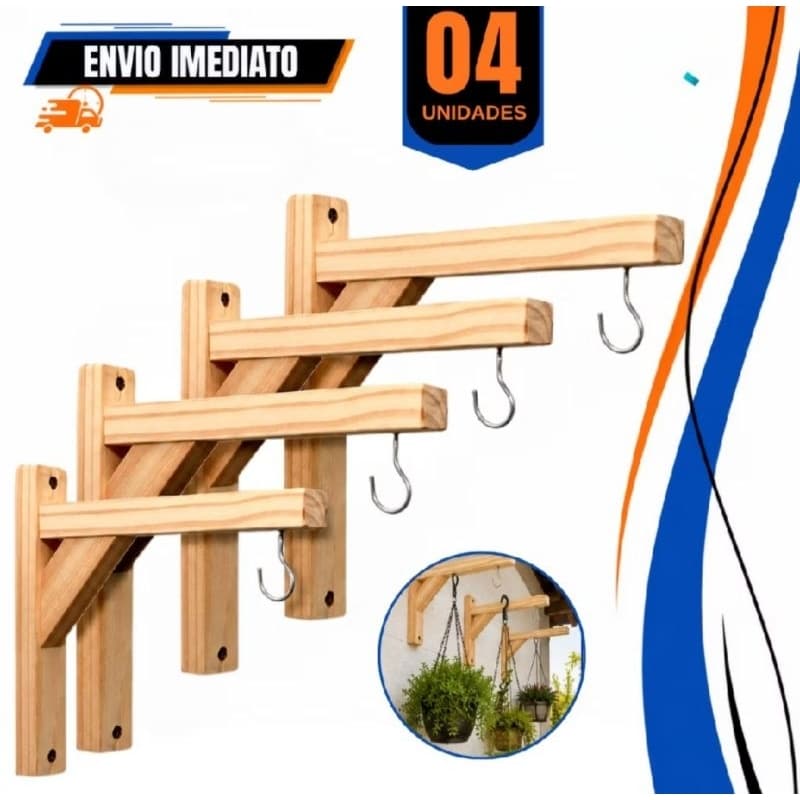 Kit 2 ou 4 Mão Francesa de Madeira para Vasos + buchas, parafusos + gancho - Suporte Macrame ,Luminária,Prateleira