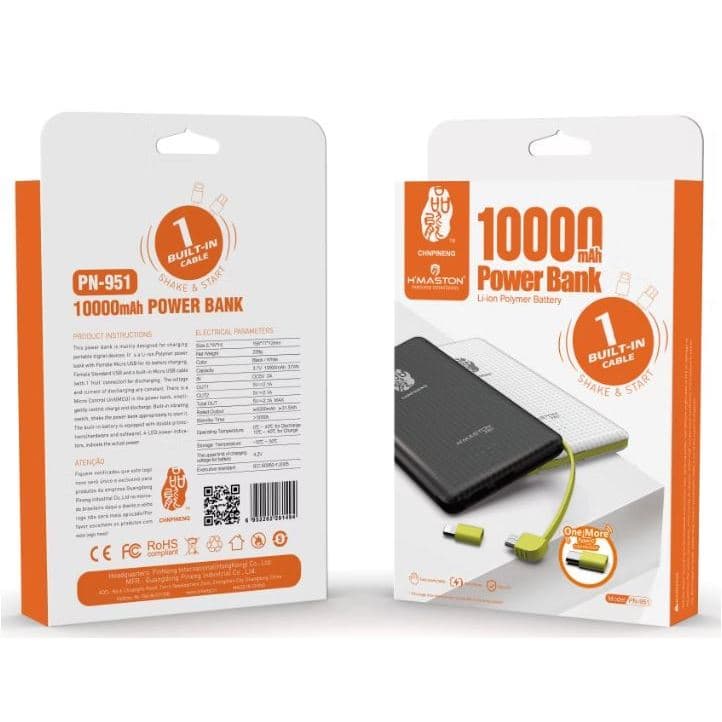 Carregador Portátil Power Bank 10000 mAh H'maston PN-951H com LED Indicador Cabo Embutido
