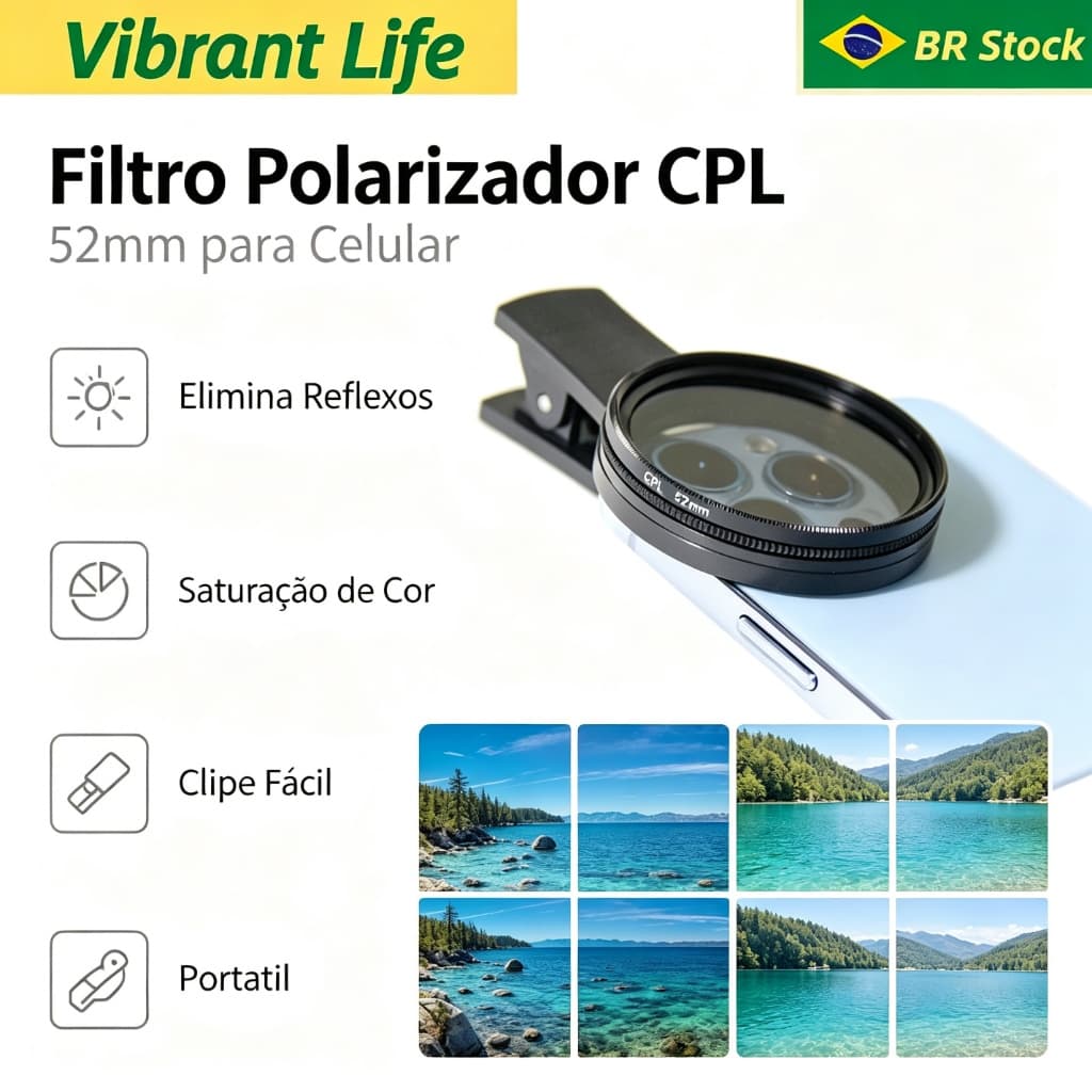 Kit 52mm Filtro Cpl Lente Polarizador Para Celular Clipe Anti Reflexo Com Estojo