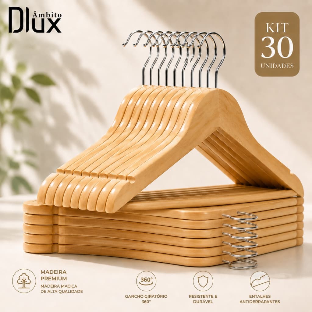 Ambito Dlux Kit 30 Cabides De Madeira Premium Madeira Com Gancho Cromado 360° Para Guarda-Roupa Closet Organizador