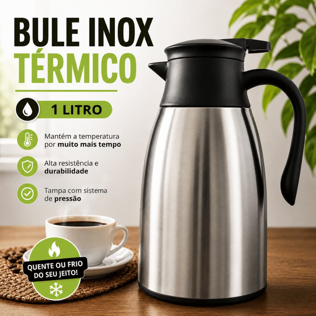 Bule Inox 1 litro Garrafa Térmica Parede Dupla Quente Frio Bico Anti Gotejamento Gatilho Chá Café