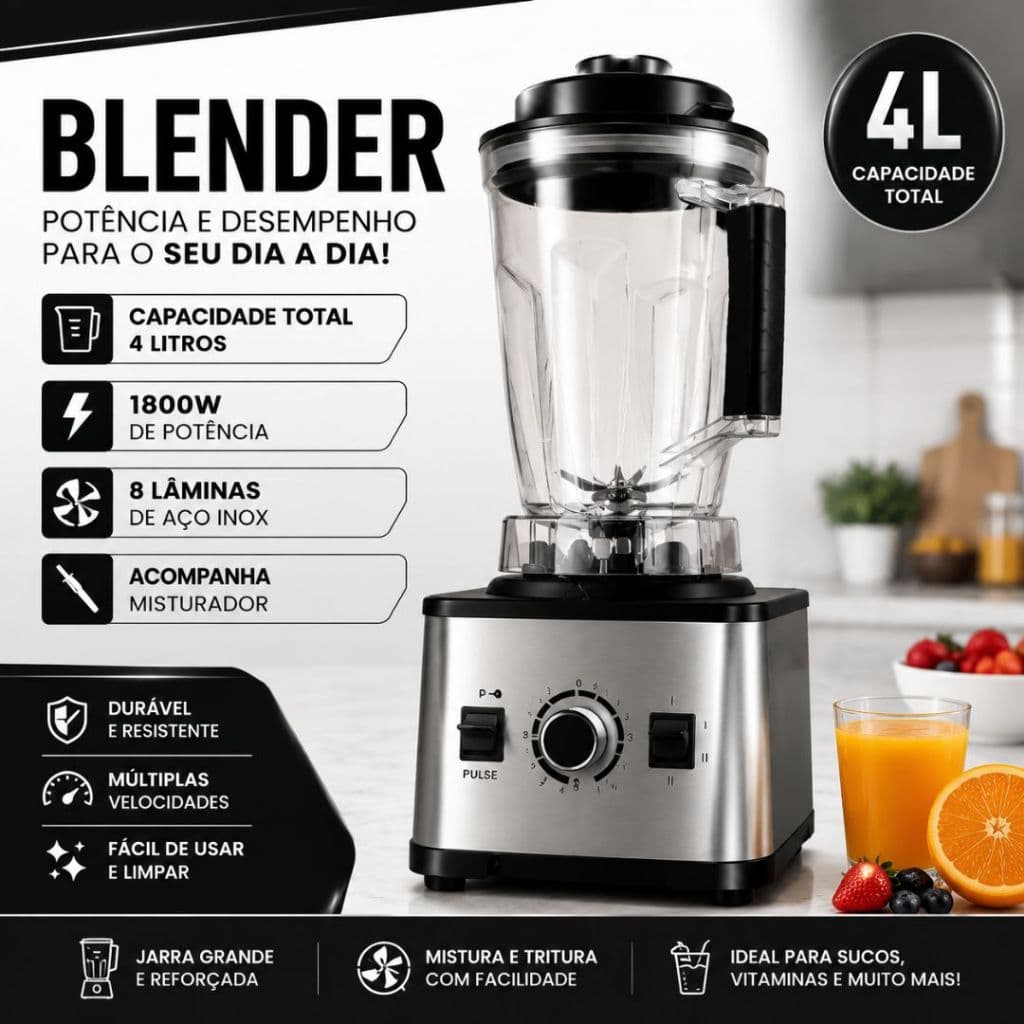Liquidificador Industrial 4 Litros Prata 1800W 8 Lâminas Alta Potência Copo Resistente Multifuncional