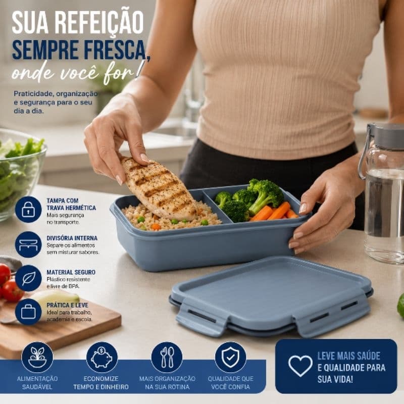 Marmita Hermética Retangular Lunch Box Com Divisória Porta Alimentos Azul Para Trabalho e Academia