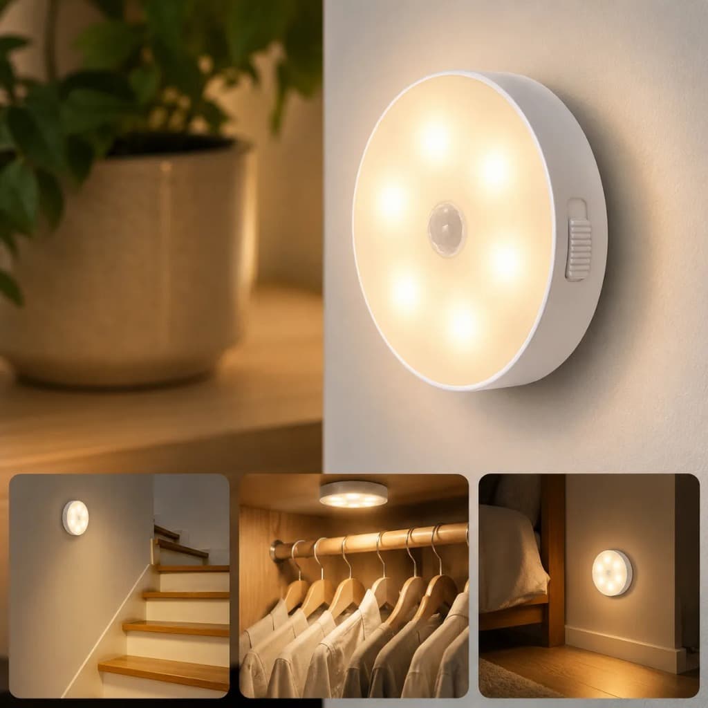 Kit 2 Luminária LED Magnética com Sensor de Movimento USB Recarregável Sem Fio 6500K Lâmpada de Noite