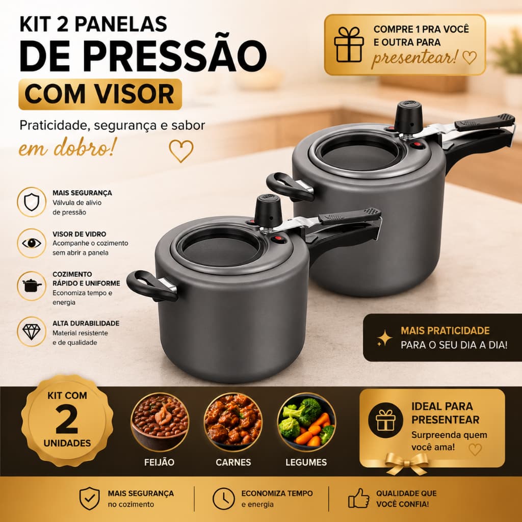 Kit com 2 Panelas de Pressão MTA 4,5 Litros com Visor de Vidro Patenteada  Super Teflon Antiaderente Presente