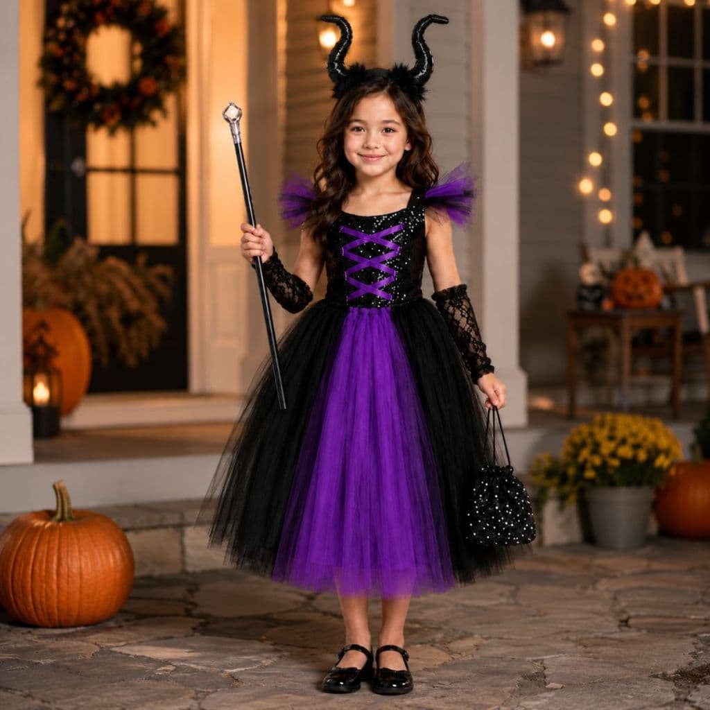 Kit Fantasia Infantil Malevola Halloween Dia das Bruxas Crianças Fada Vestido Saia Tiara Acessorios