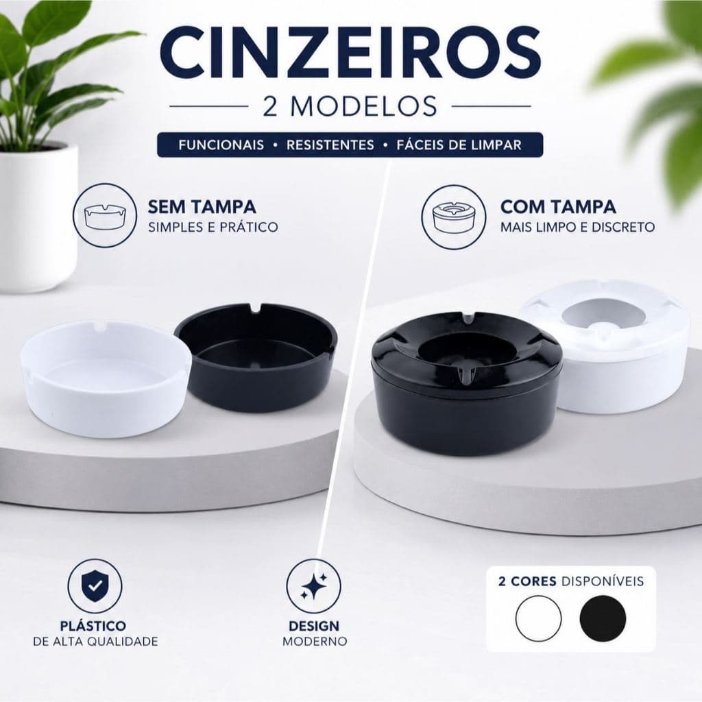 Cinzeiro de Plástico com ou sem Tampa Redondo – Design Moderno – Preto ou Branco
