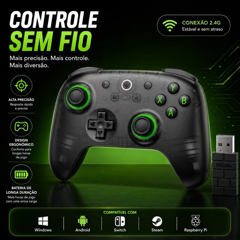 Controle 8BitDo Ultimate 2C Wireless 2.4G com Hall Effect para PC Windows 10/11 e Android