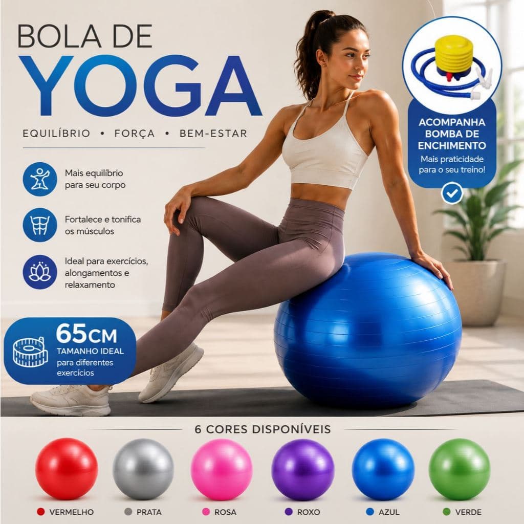 Bola de Yoga 65cm Pilates Fitness com Bomba de Enchimento Academia Exercícios