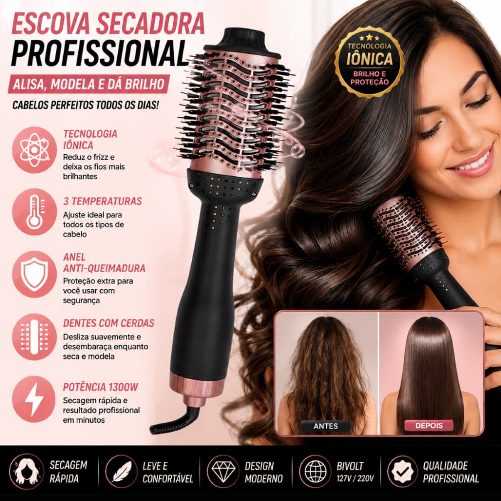 Escova Secadora Bivolt 1300W Seca, Alisa e Modela com ion sem friz (não rotativa)