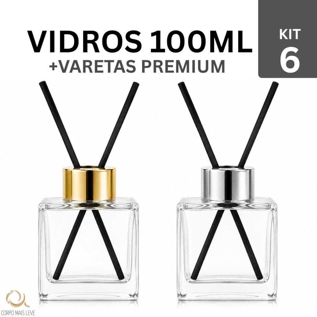 Kit 6 Vidros para Difusor de Ambiente Cubo 100ml Tampa Luxo Varetas Fibra Premium