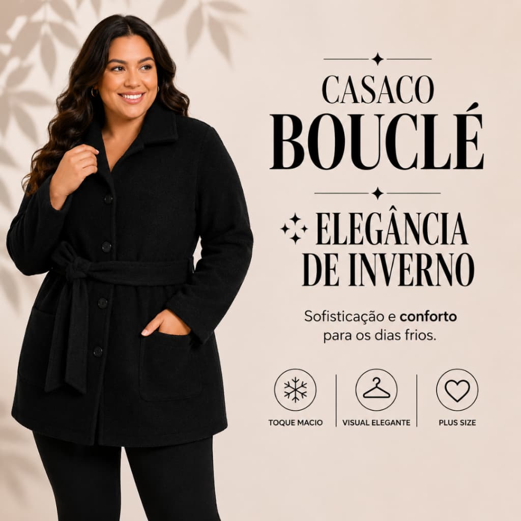 Casaco Plus Size Feminino Bouclé Peluciado Inverno Elegante com Bolsos