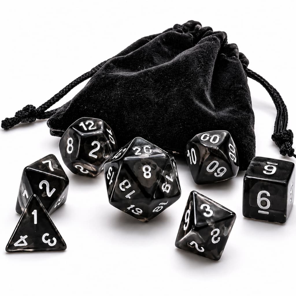 Kit Dados RPG D&D 7 Peças Com Bolsa D4 D6 D8 D10 D100 D12 D20 Acrílico Translúcido Premium