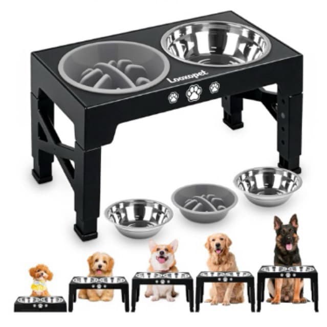 Comedouro Elevado para Cães 5 Alturas Ajustáveis com 2 Tigelas Inox + Alimentador Lento Preto