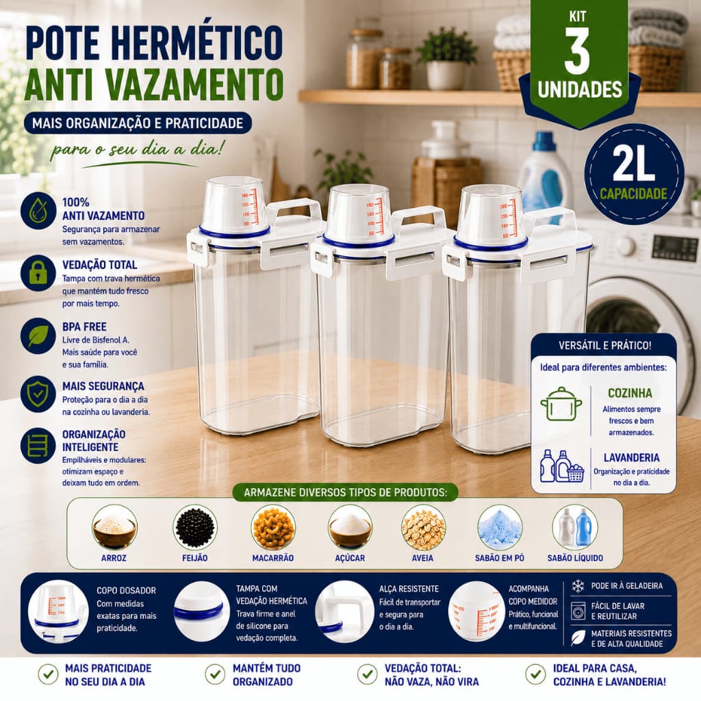Kit 3 Potes Hermético 2 Litros Organizador Copo Medidor 180ml Tampa Hermética Alimentos  Sabão em Pó