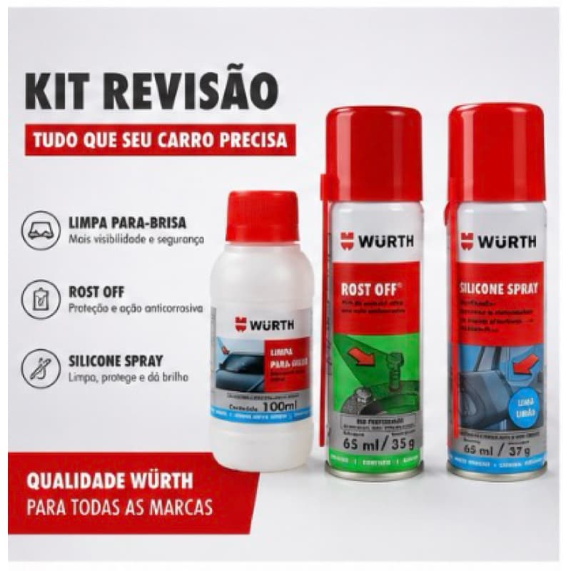 Kit Revisão Automotiva Würth Original – Limpa Para-brisa + Silicone Spray + Rost Off | Todas as Marcas de Veículos