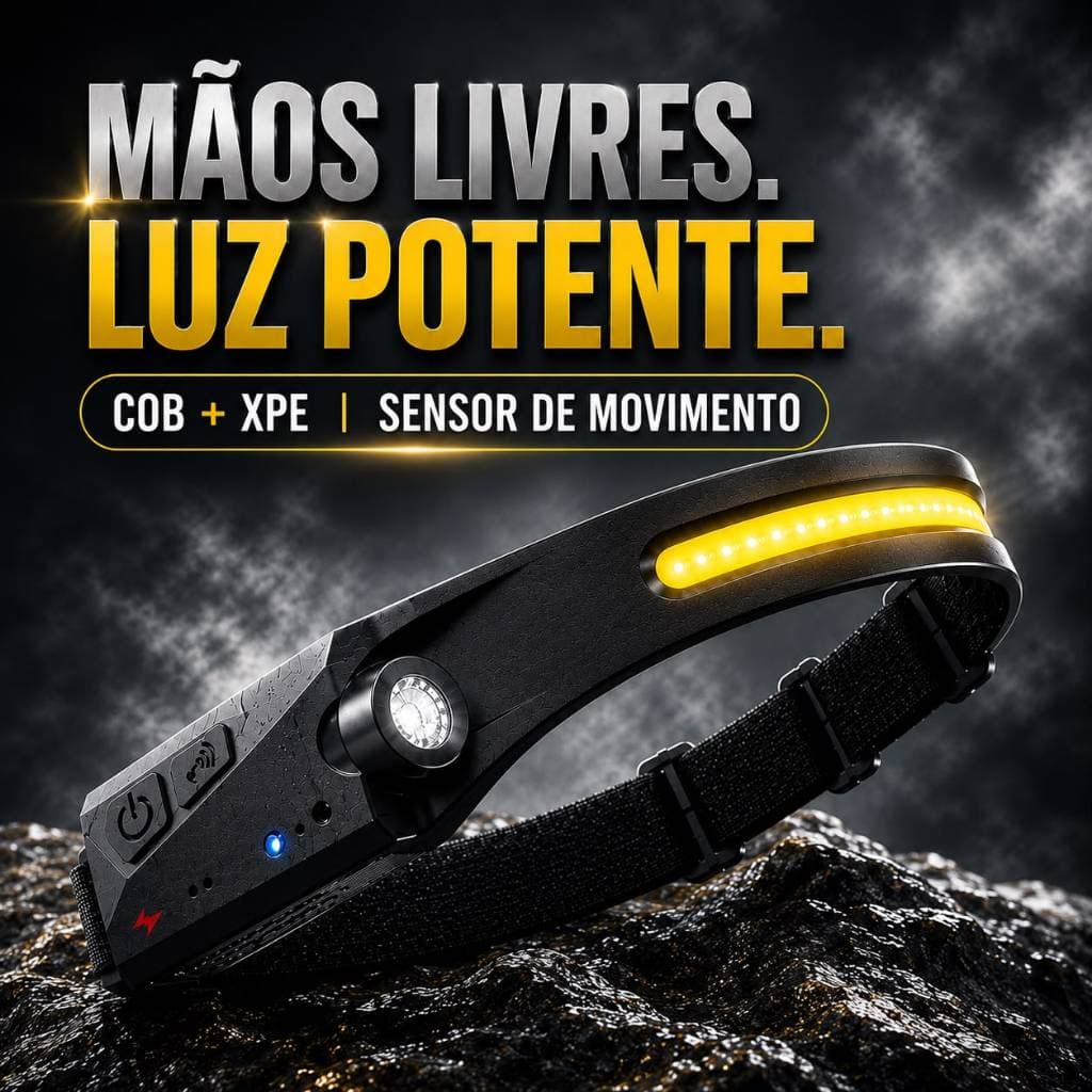 Lanterna de Cabeça LED Recarregável Sensor de Movimento COB XPE USB Tipo C 230° Alta Potência Camping Pesca
