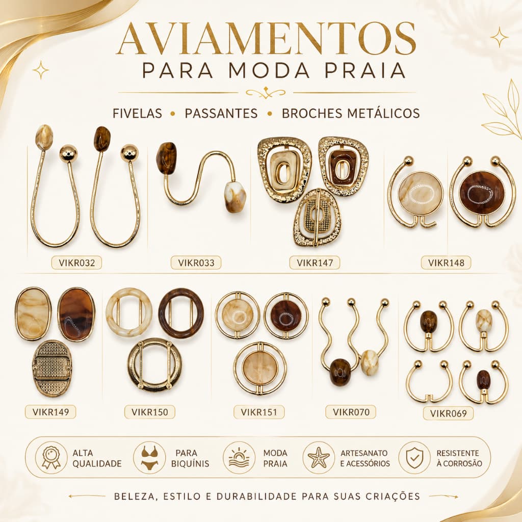 Fivelas Passantes e Broches de Metal com Pedraria | Aviamentos para Moda Praia e Roupas