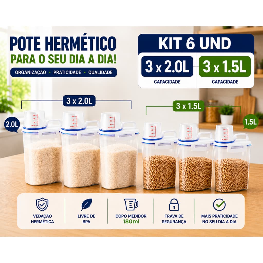 - Kit 6 Potes Multiuso Herméticos Mantimentos Cozinha Lavanderia Pet 3 Unidades 2L e 3 Unidades1,5L