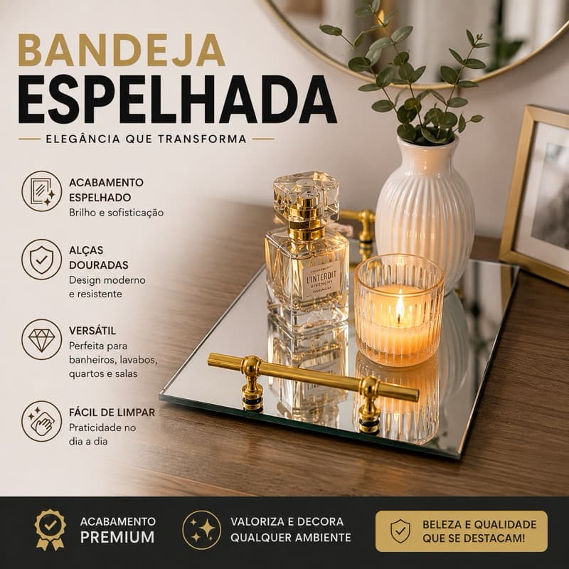 Bandeja Espelhada Decorativa Luxo com Alças Douradas Porta Perfumes Cosméticos Lavabo Banheiro Penteadeira Sala Quarto