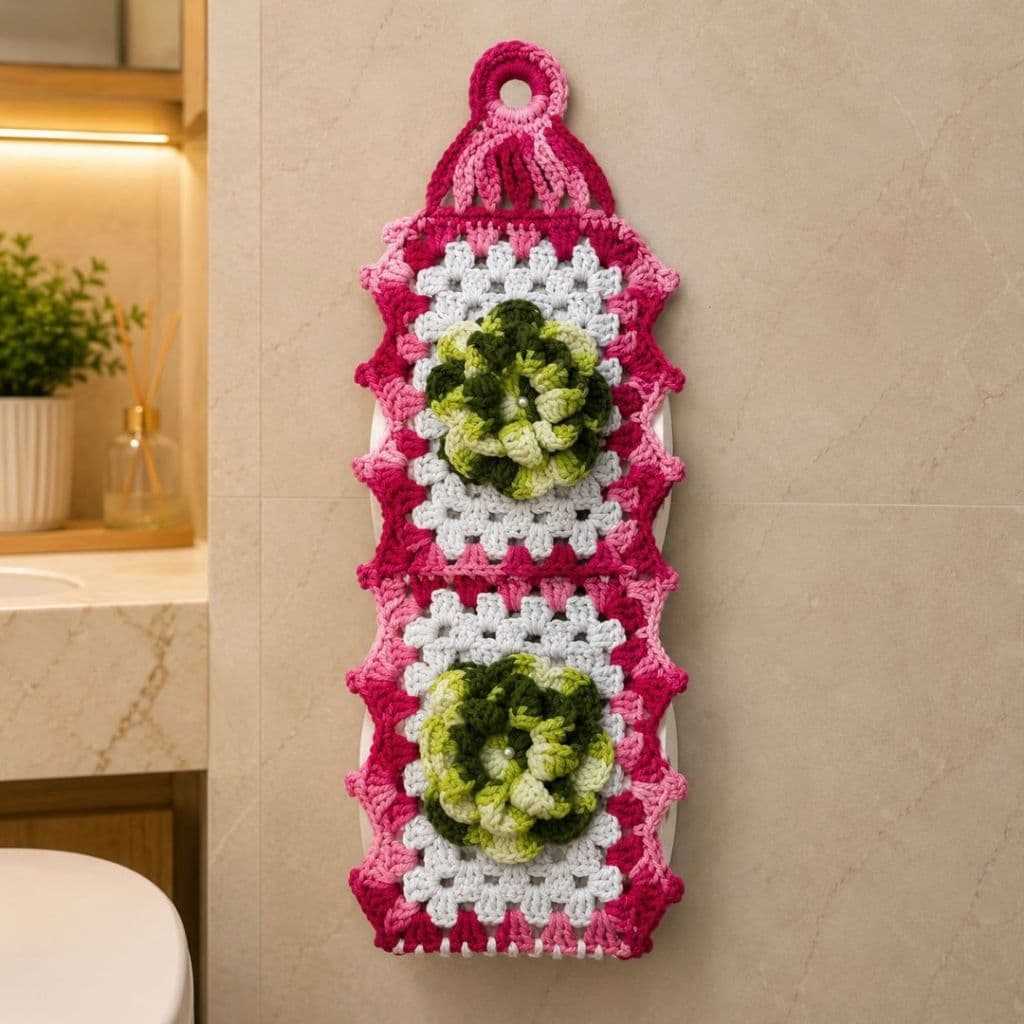 Porta Papel Higiênico Suporte de Crochê de 2 Rolos - Flor cor verde / Rosa e Branco