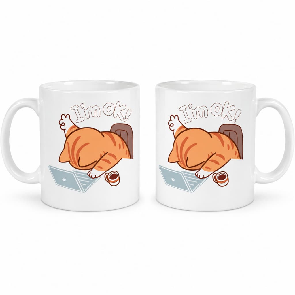 Caneca Gato Home Office “I’m OK!” 325ml | Presente Divertido para Quem Trabalha no Computador