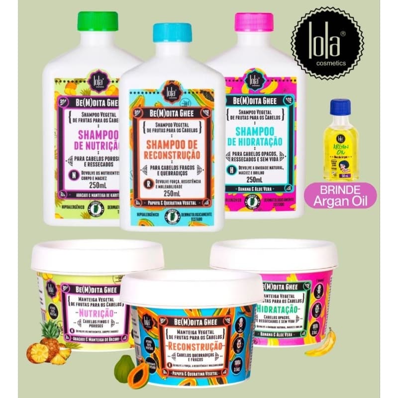 Kit Lola Cosmetics Be(M)dita Ghee – Cronograma Capilar Completo Shampoo + Máscara + Argan Oil 50ml