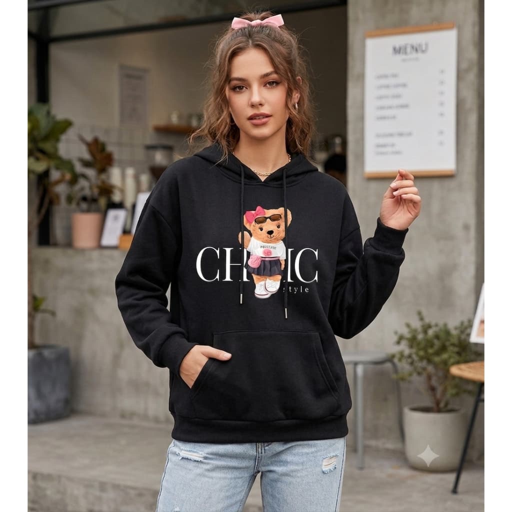 Moletom Feminino Urso Teddy Chic Blusa De Frio Casaco Canguru Com Capuz Estampa  Style Casual Quentinho