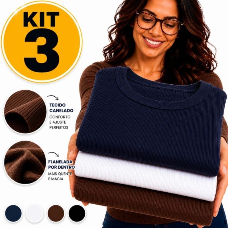 Blusa Ribana Feminina 3 Peças Térmica Canelada Flanelada Manga Longa Inverno basica com elasticidade 36 ao 46