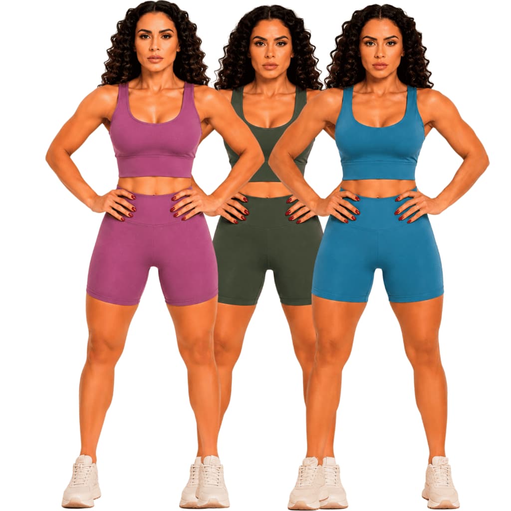 KIT 3 Conjuntos Academia Feminino Top Fitness e Bermuda Ciclista Suplex Premium Sem Transparência Conjunto Feminino