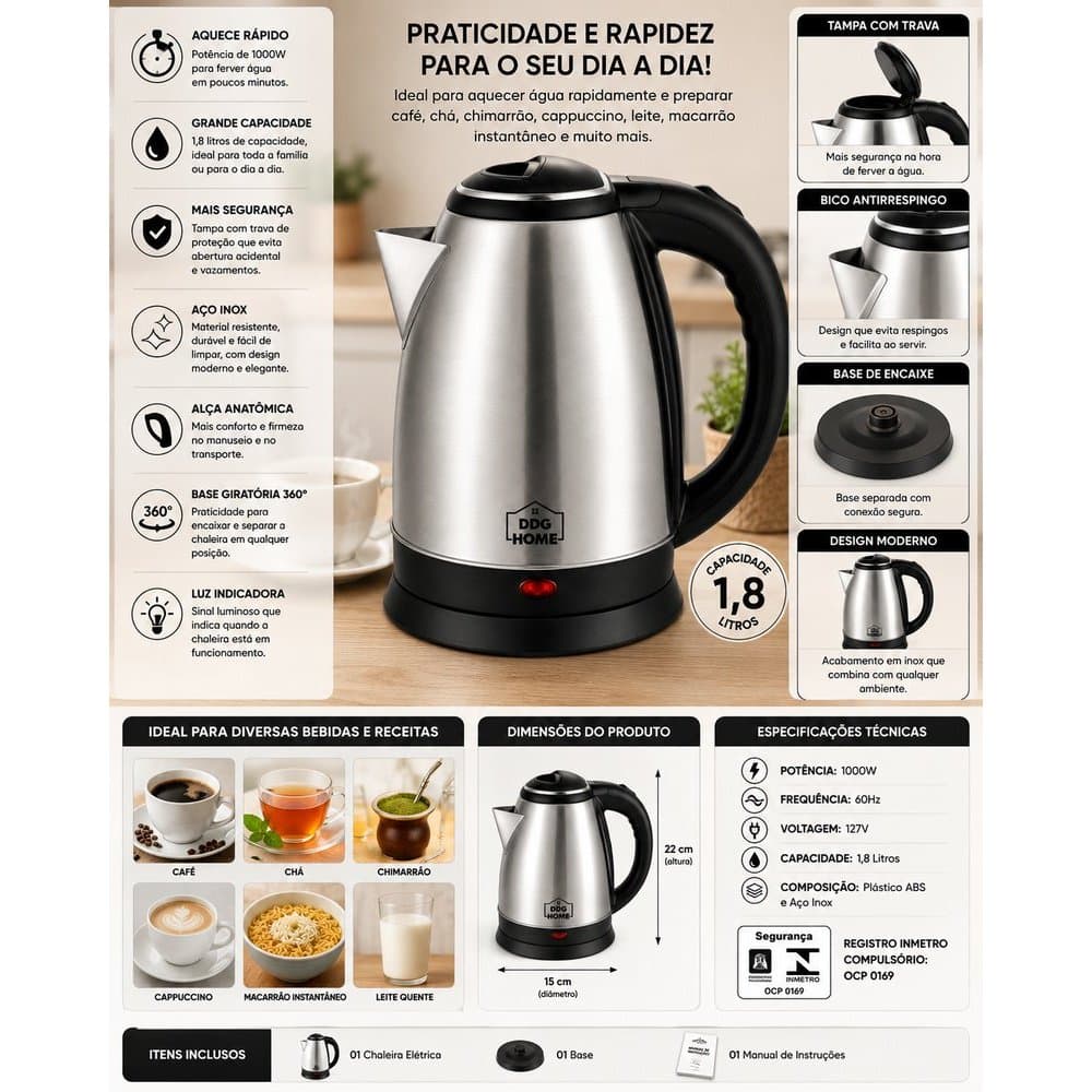Chaleira elétrica de aço inox 1,8 litros desligamento automático base giratória, 127 V e 1000 W de potência