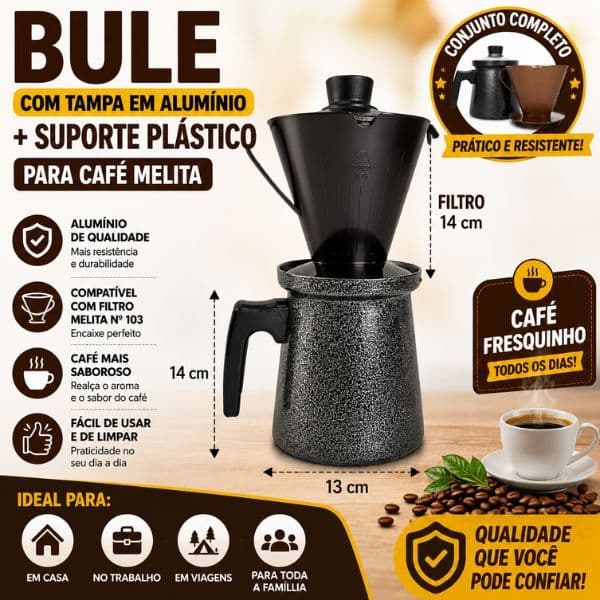 Caneco Bule com Tampa em Aluminio + Suporte Plástico Para Café Melita 104