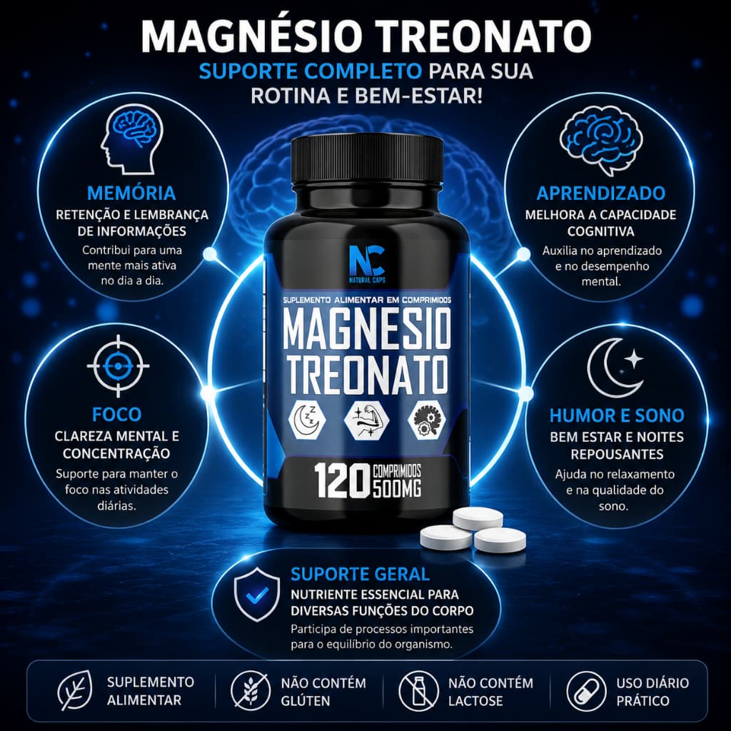 Magnésio L-Treonato 120 Cápsulas Memória, Concentração e Sono de Qualidade Suplemento Premium