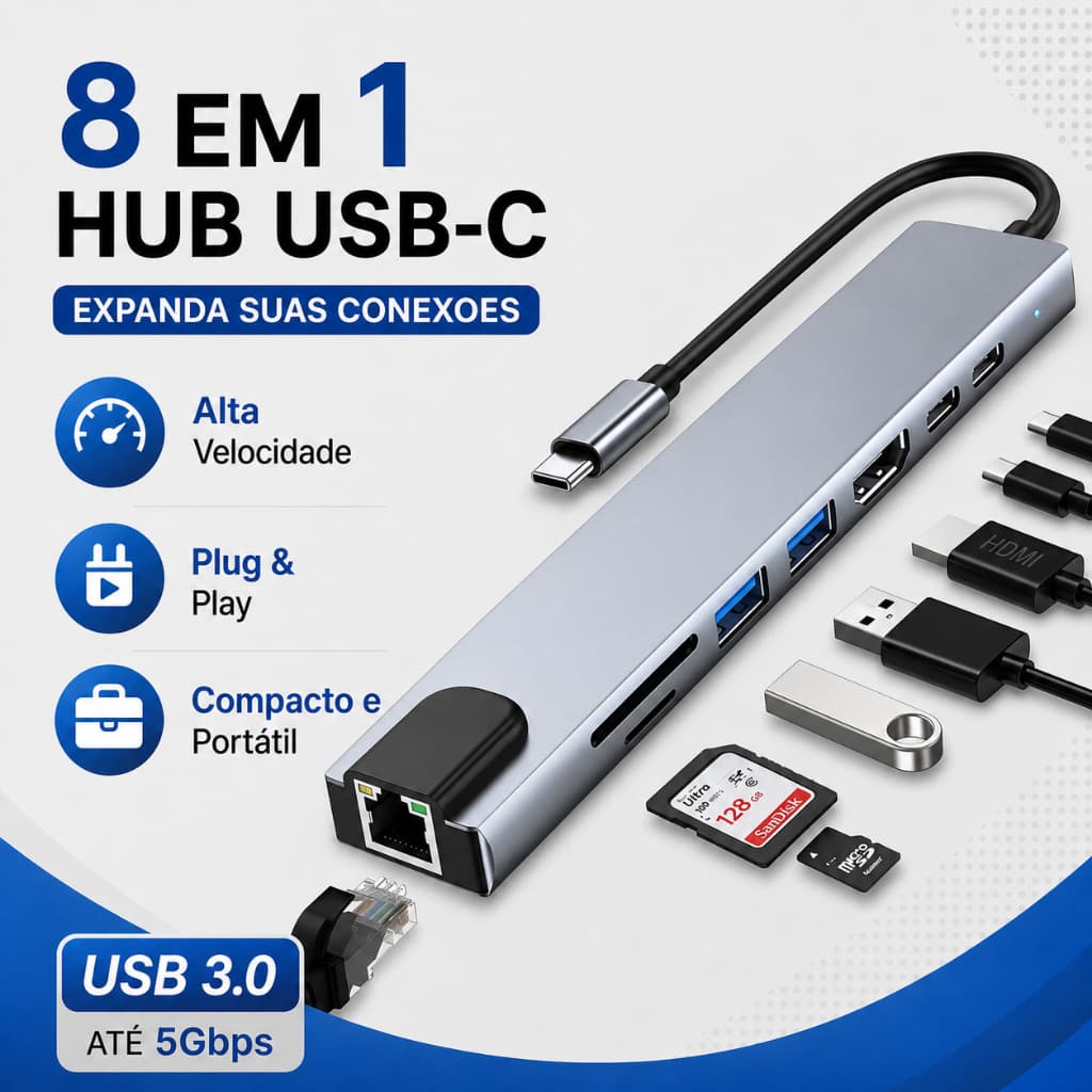 Porta USB Hub 8 Em 1 Leitor De Cartão SD Type C Para Estação De Acoplamento De Áudio De 3.5 Mm
