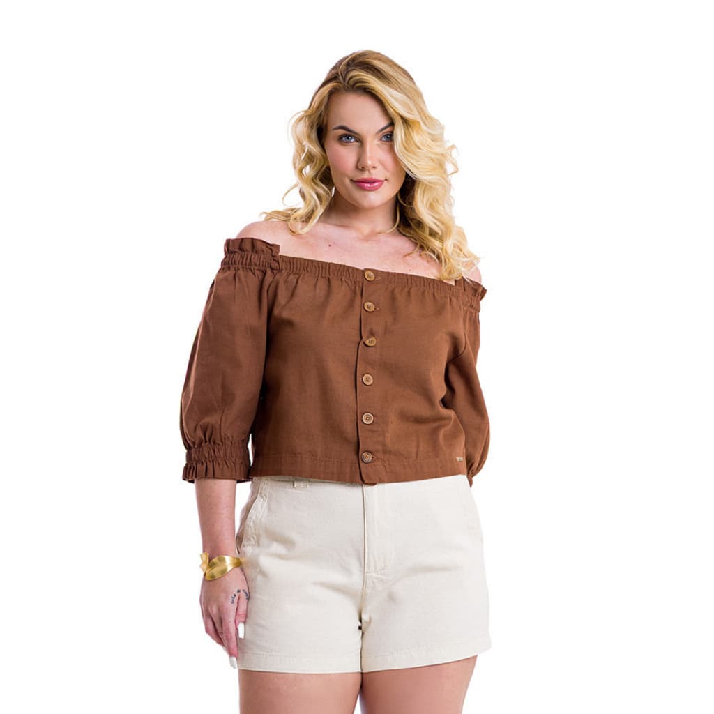 Blusa Cropped Plus Size De Linho Ombro a Ombro Ciganinha Com Lastex Marrom