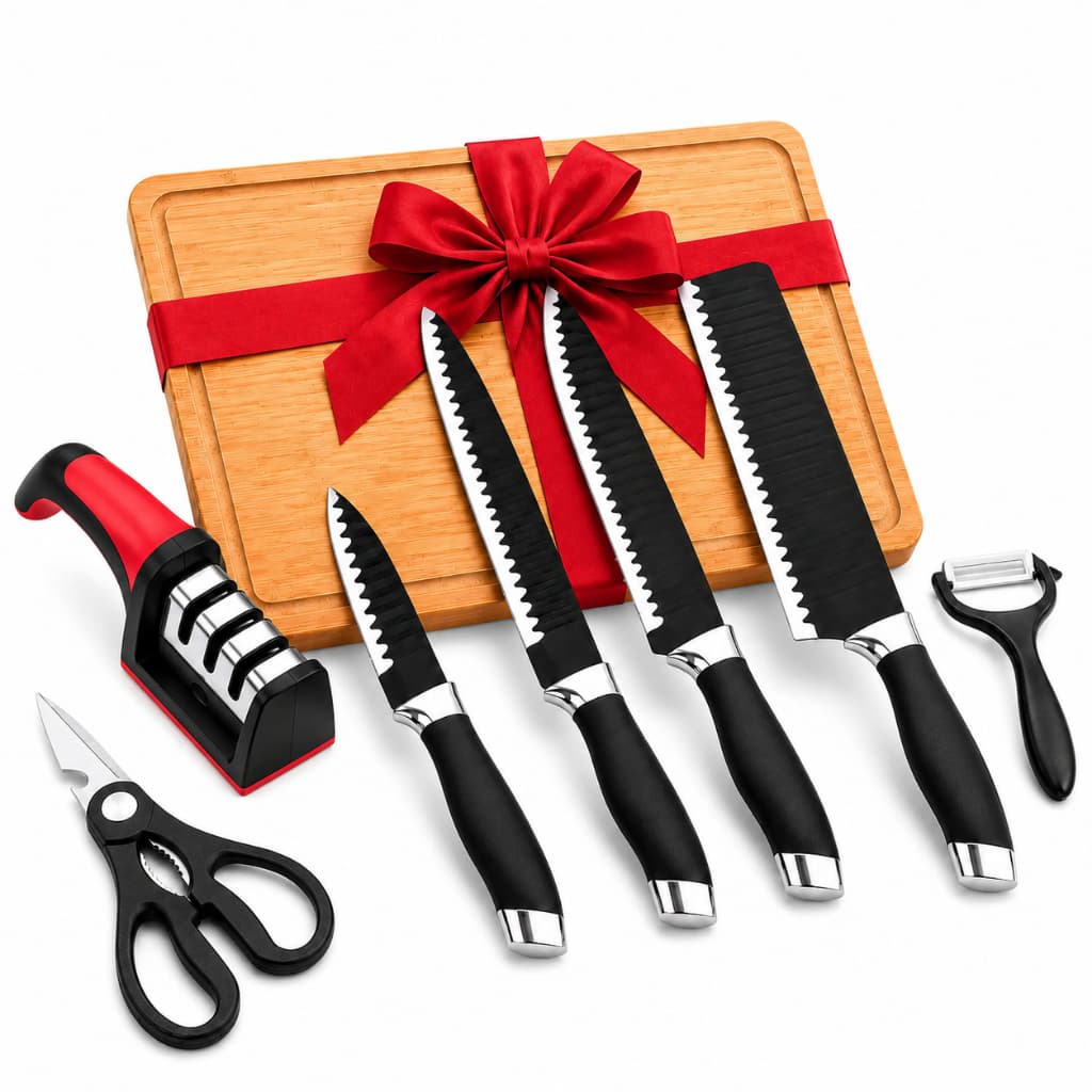 Jogo de Facas 8 Peças Inox Cozinha Churrasco com Tábua de Bambu Afiador Tesoura e Descascador