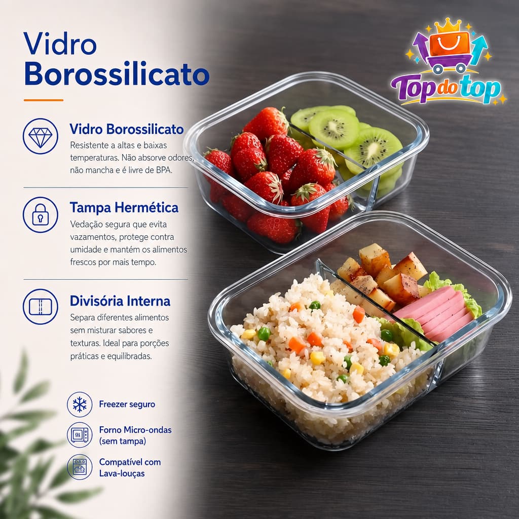 Pote Retangular Hermético com Divisória Vidro 1040ml / 1520ml Freezer Microondas Lavalouça Vedação