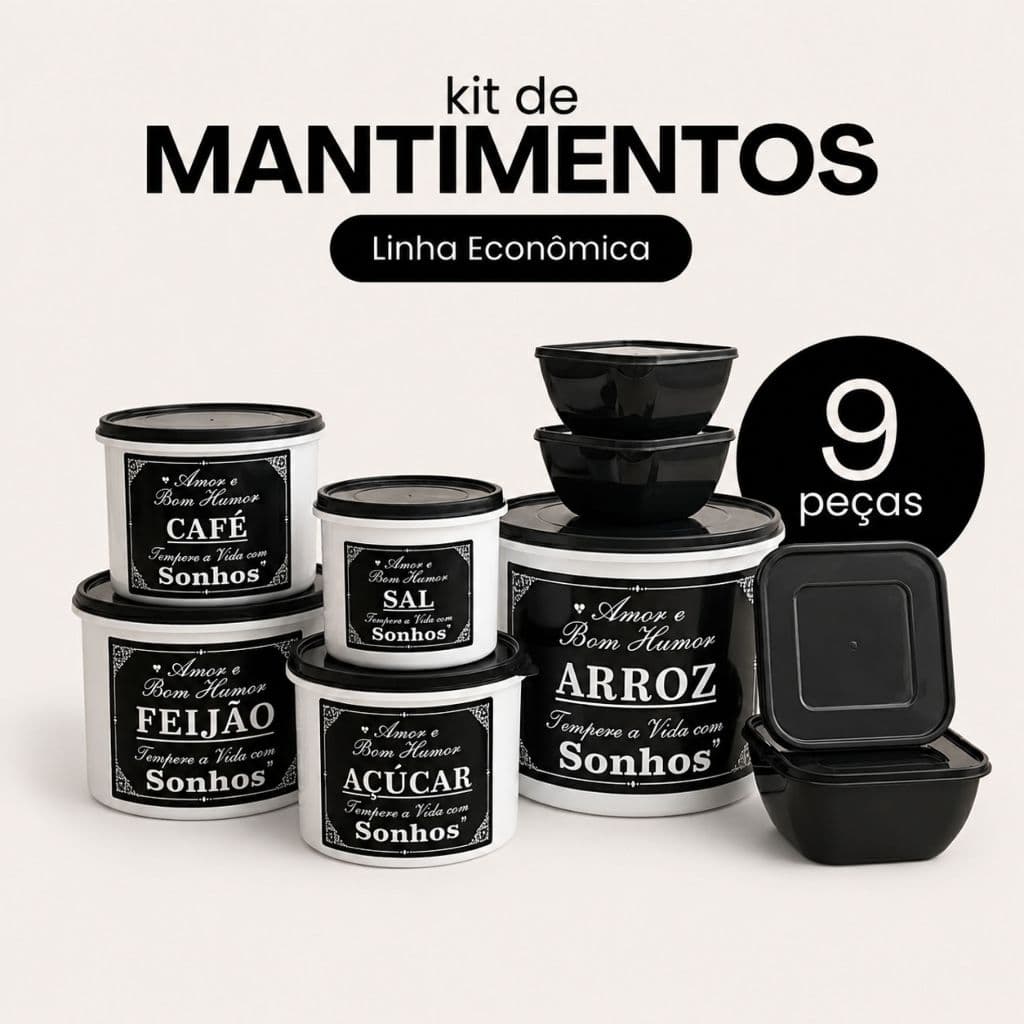 Kit 9 Potes Para Mantimentos ECONÔMICO - Organizador de Despensa 5 Mantimentos + 4 Quadrados 500ml